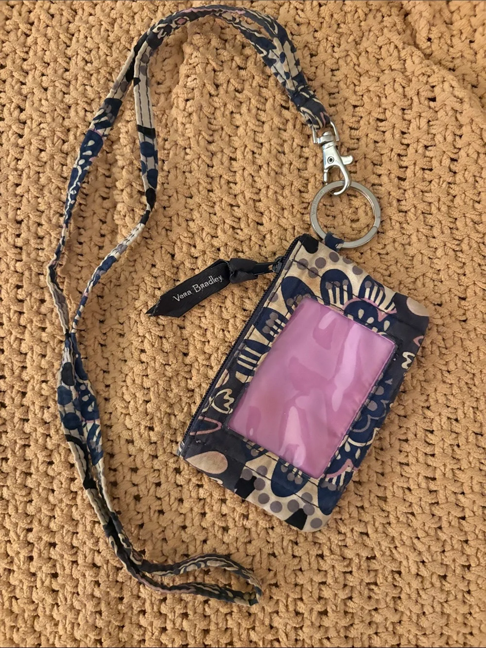 Vera Bradley Purple Floral Lanyard ID Holder with Pink Window